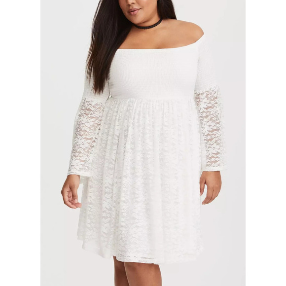 torrid Dresses & Skirts - Torrid Lace Shirred Skater Dress Bell Sleeve Whimsy Cream Off White Plus Size 3X